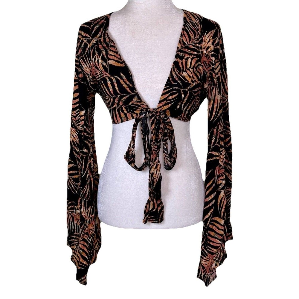 Women’s Y2K Tropical Palm Leaf Tie Front Crop Top Bell Sleeves Vacation Beach Sm